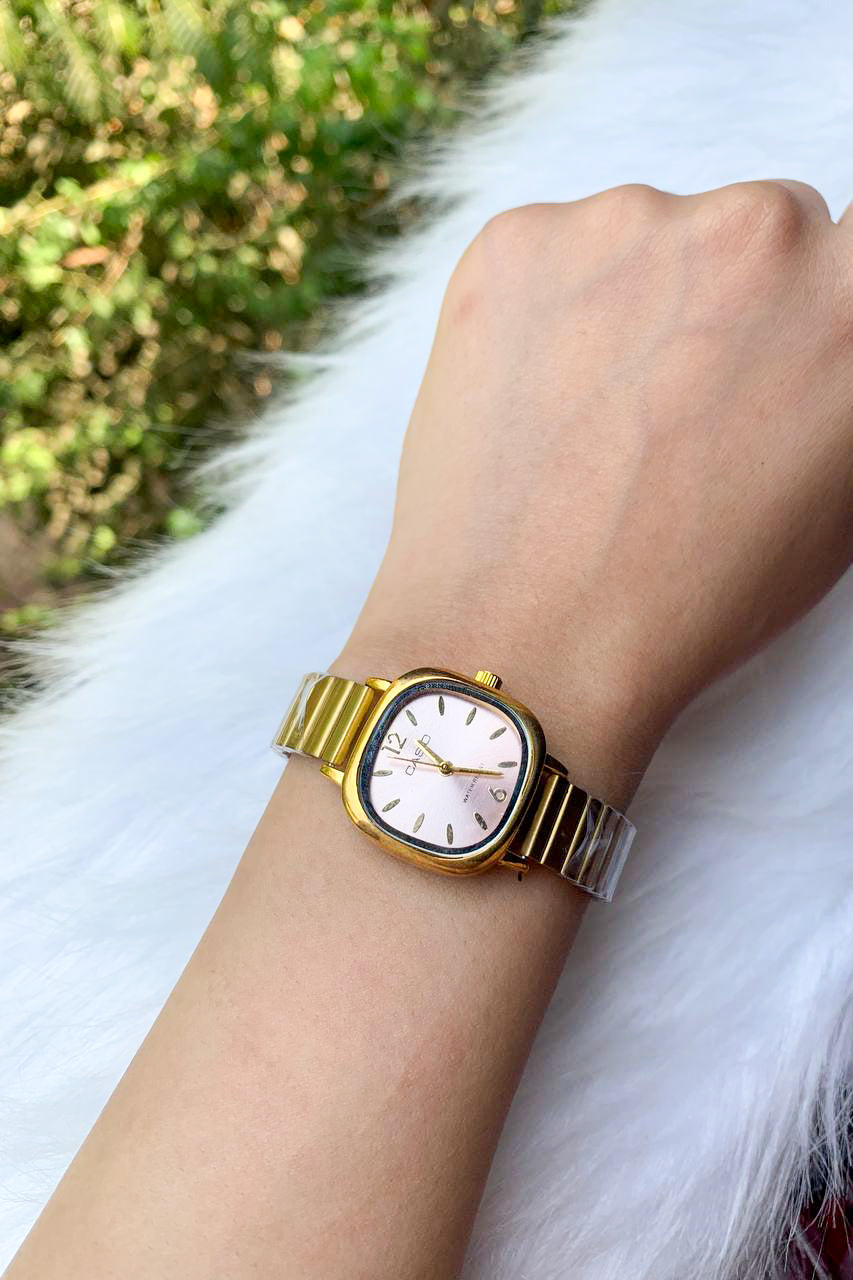 Vintage-Style Gold & Pink Cushion Watch