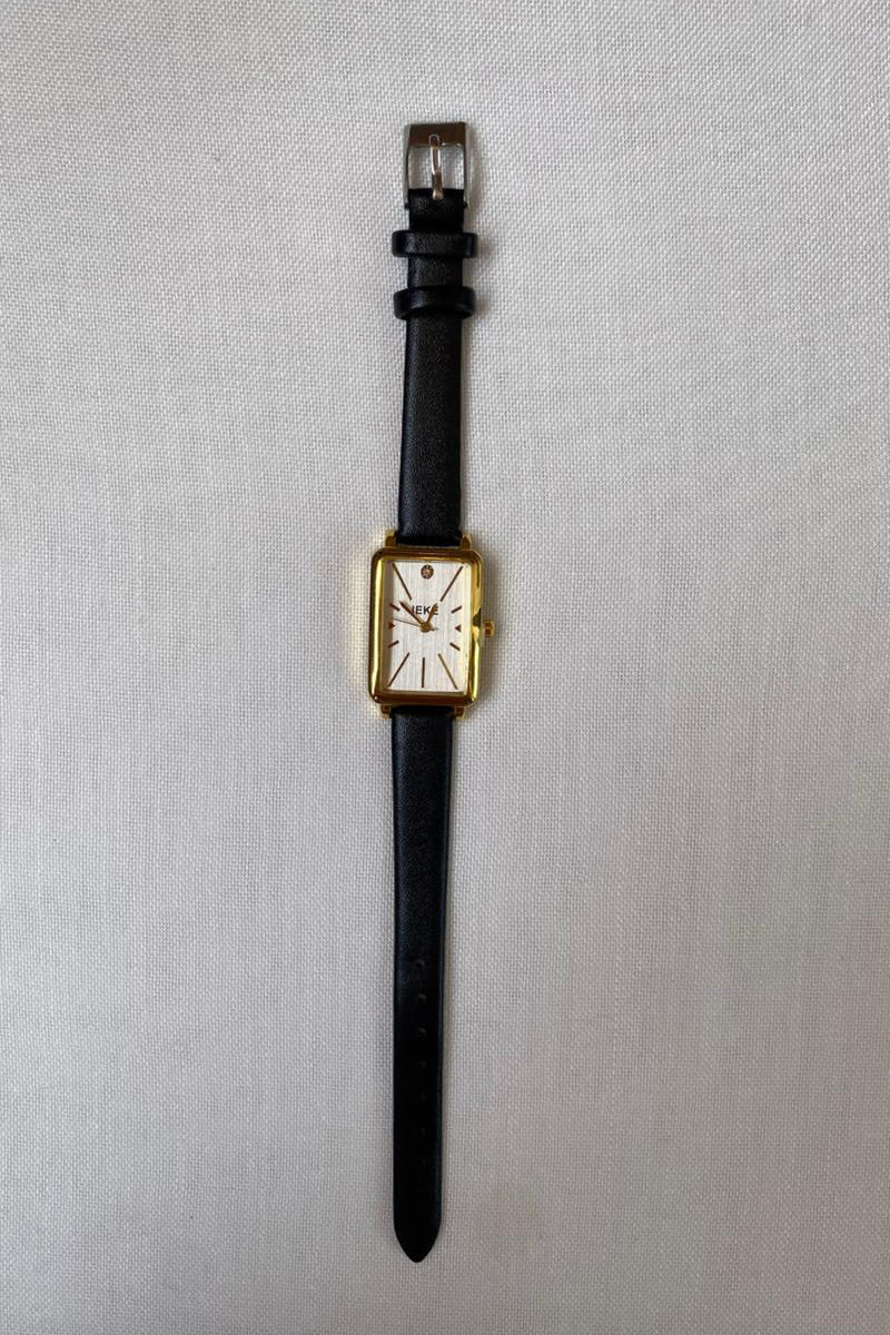 Chic Rectangular Dial Quartz Watch with Black Leather Strap
