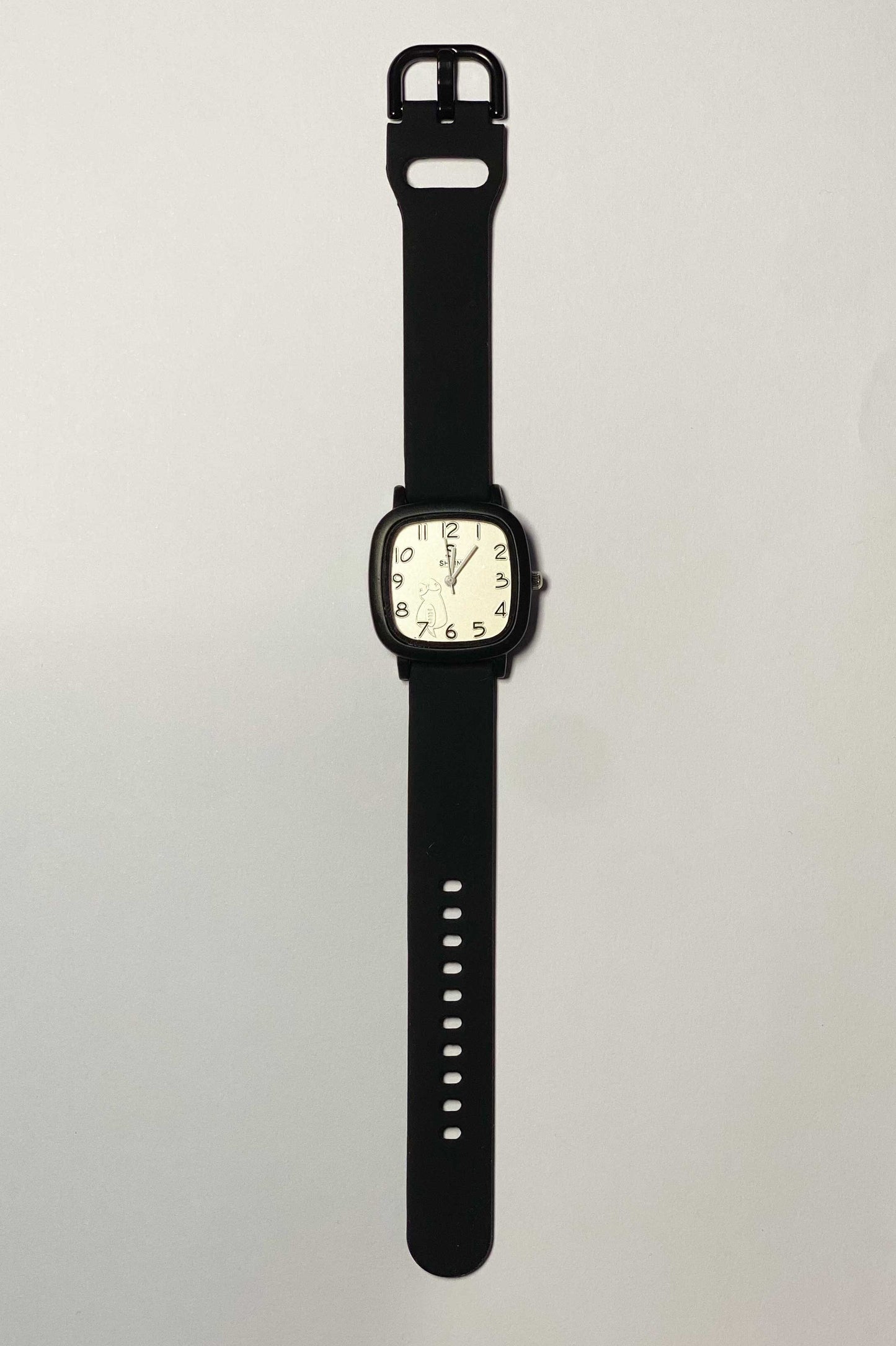 Minimalist Black Square Watch with Cartoon Graphic