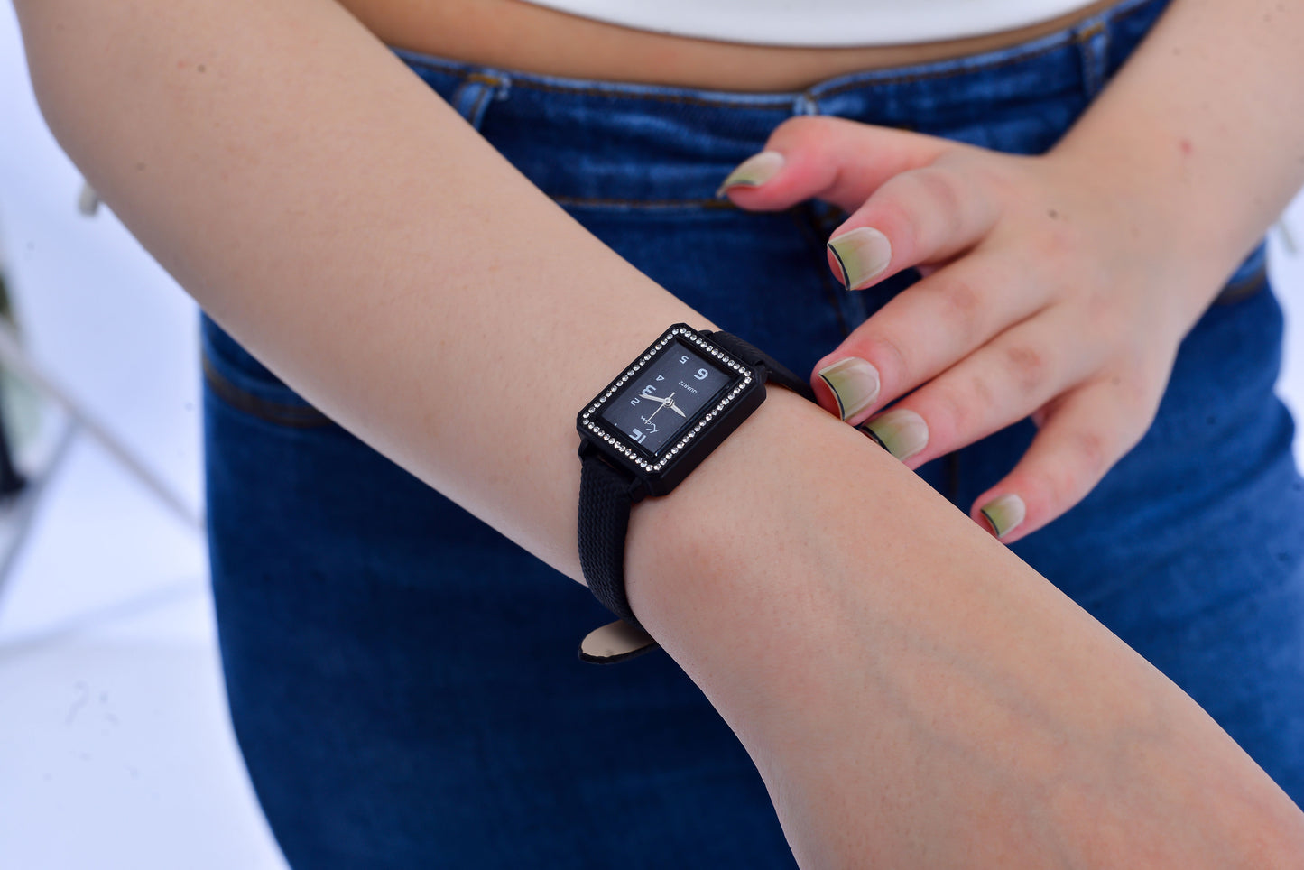Elegant Black Rectangle Watch with Mesh Strap