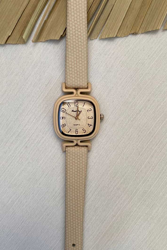 Minimalist Beige Square Watch with Textured Strap