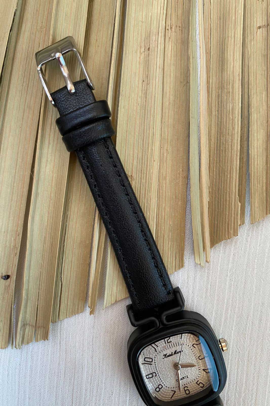 Chic Black Rounded Square Watch with Beige Dial