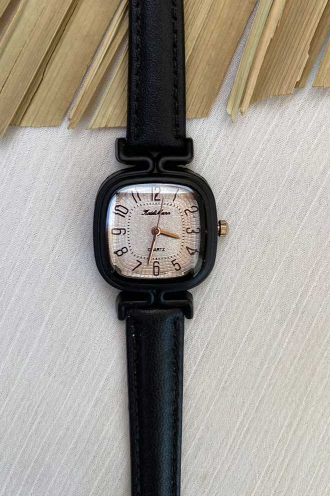 Chic Black Rounded Square Watch with Beige Dial