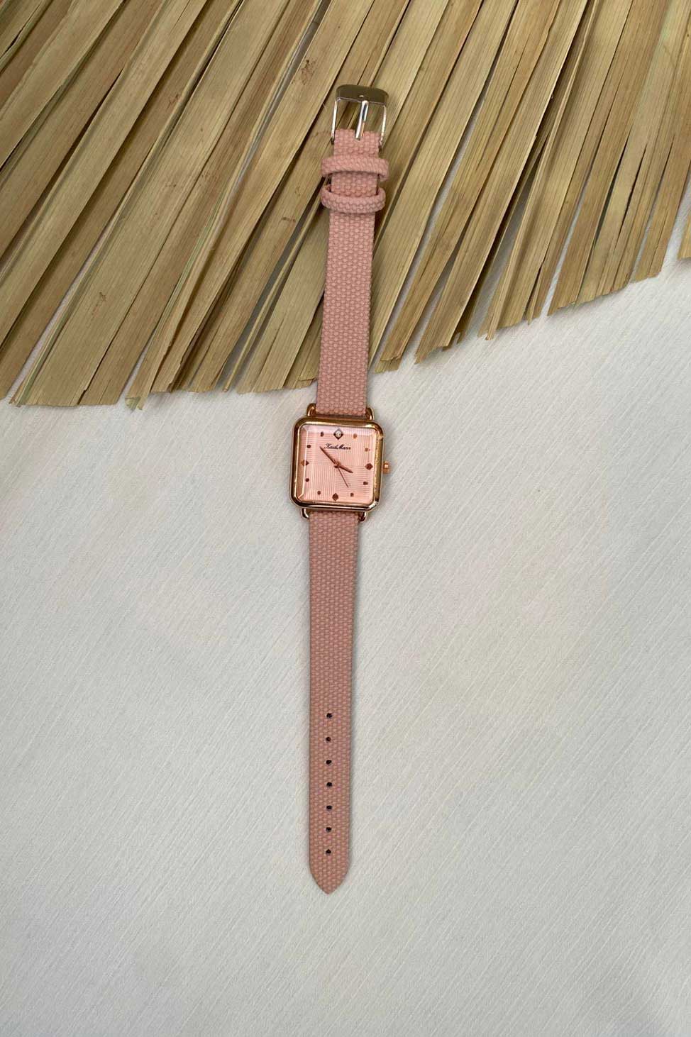 Modern Rose Gold Square Watch with Pink Textured Strap