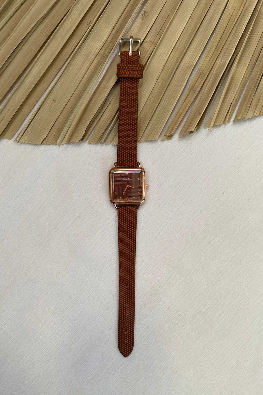 Stylish Rose Gold Square Watch with Brown Textured Strap