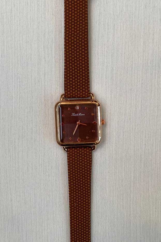 Stylish Rose Gold Square Watch with Brown Textured Strap