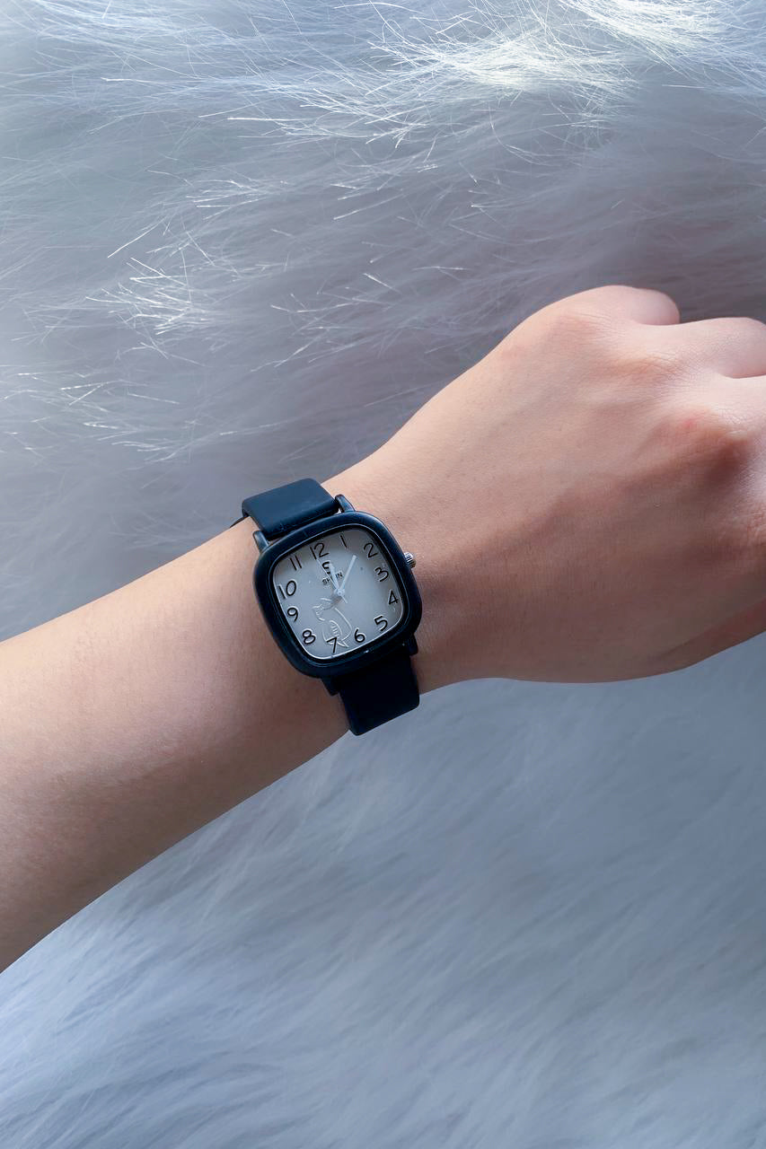 Minimalist Black Square Watch with Cartoon Graphic