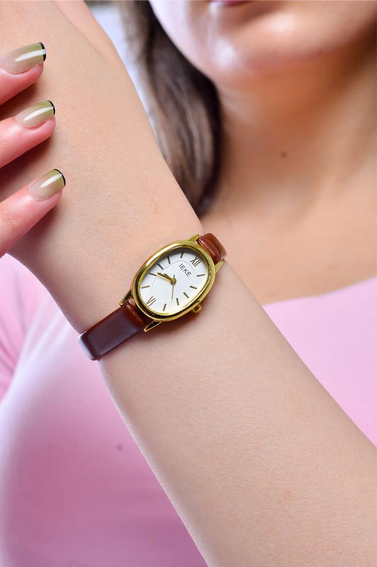 Chic Oval Dial Quartz Watch with Brown Leather Strap