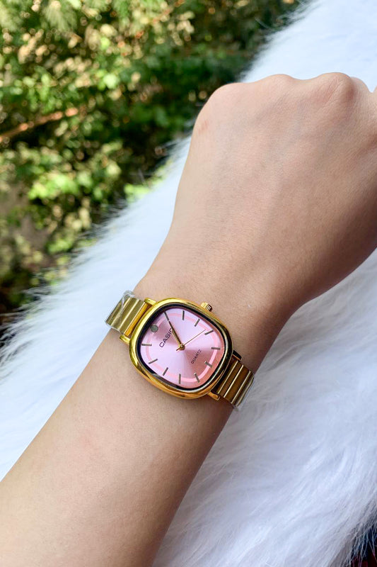 Vintage-Style Gold & Pink Tonneau Watch