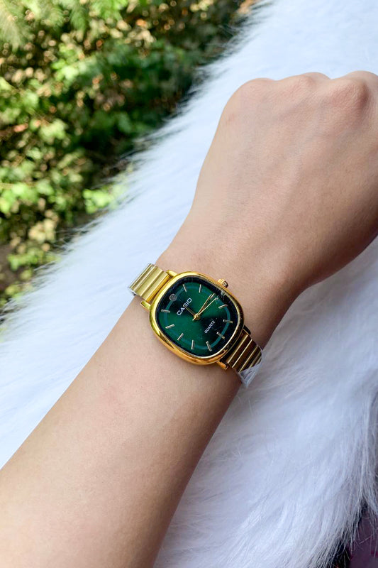 Vintage-Style Gold & Green Tonneau Watch