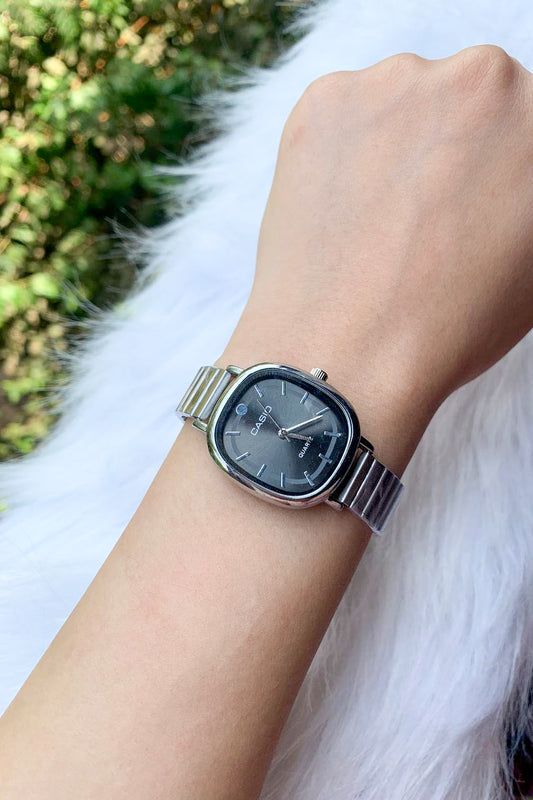 Vintage-Style Silver & Black Tonneau Watch