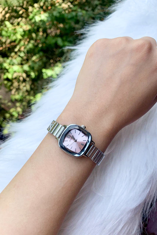 Vintage-Style Silver & Pink Watch with Faceted Crystal