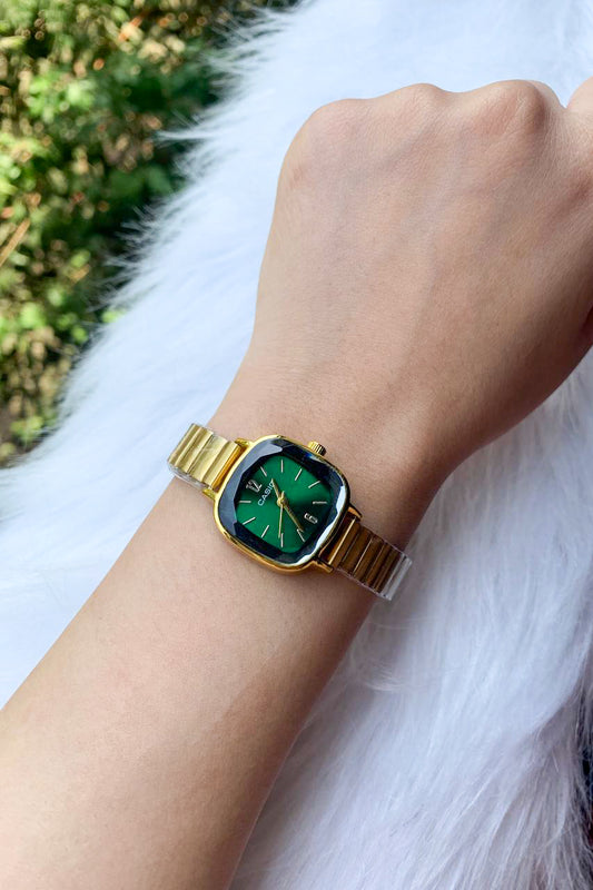Vintage-Style Gold & Green Cushion Watch