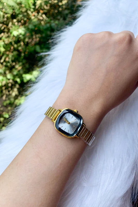 Vintage-Style Gold & Silver Watch with Faceted Crystal