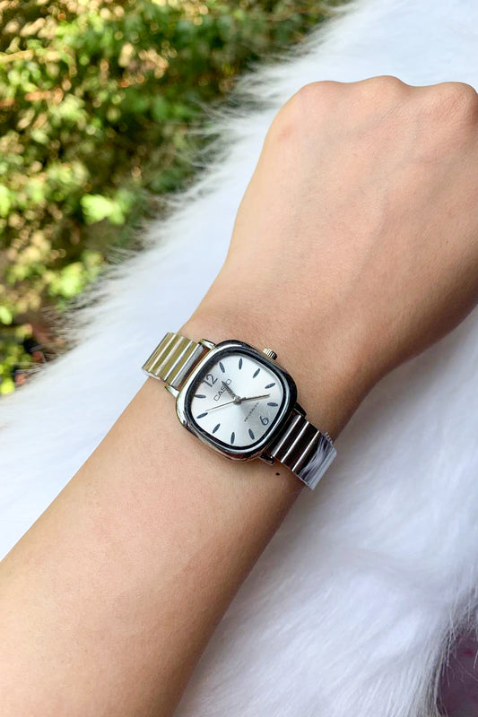 Vintage-Style Silver-Tone Cushion Watch