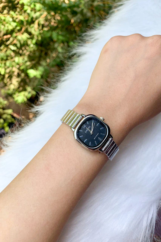 Vintage-Style Silver & Black Cushion Watch
