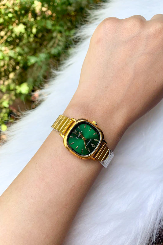Vintage-Style Gold & Green Cushion Metal Watch
