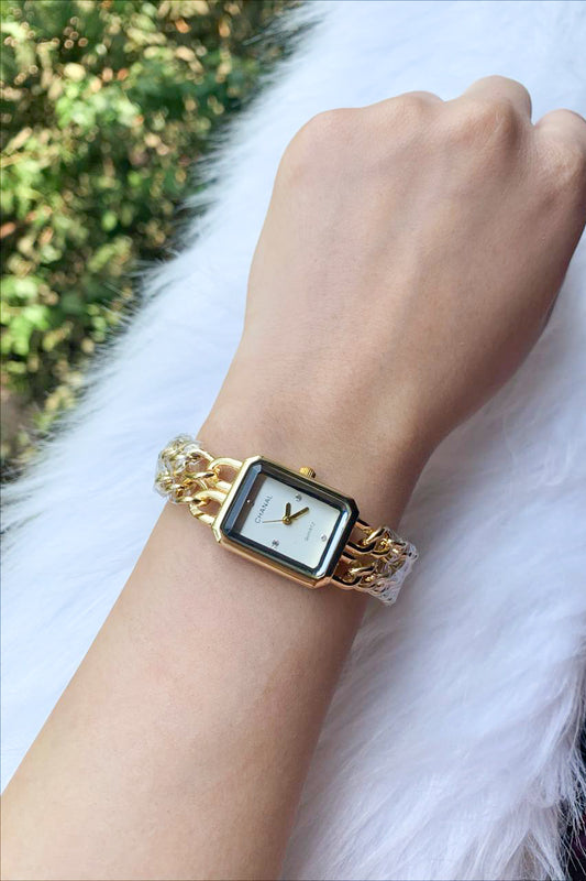 Gold & White Chain Bracelet Watch