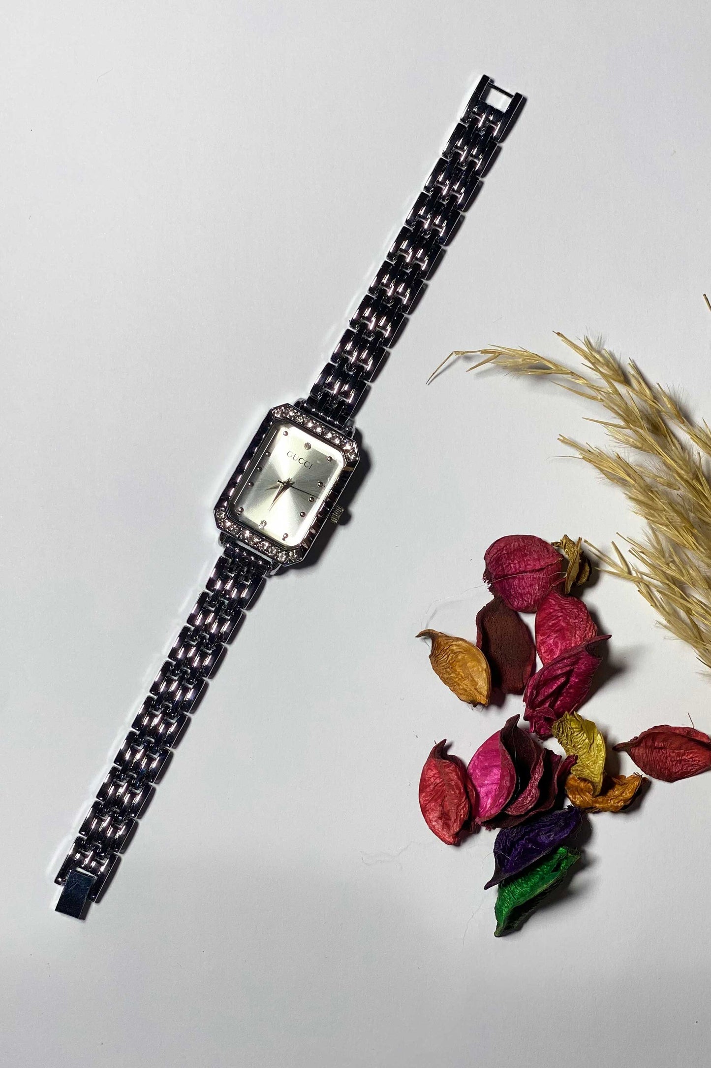 Elegant Silver-Tone Rectangle Watch with White Dial and Mesh Strap