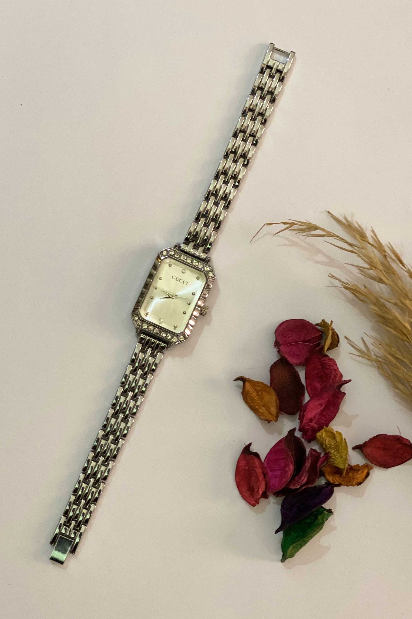 Elegant Silver-Tone Rectangle Watch with White Dial and Mesh Strap