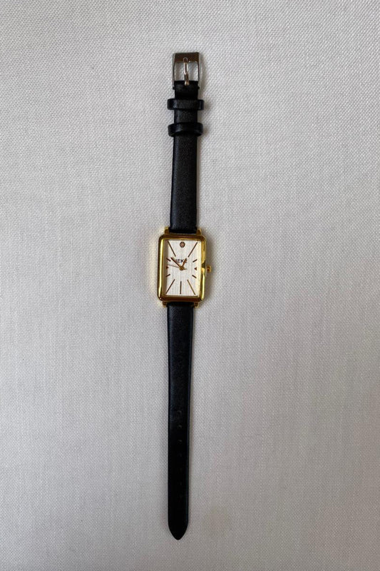 Chic Rectangular Dial Quartz Watch with Black Leather Strap