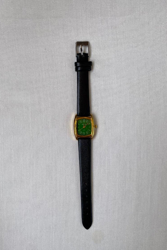 Elegant Rectangular Dial Quartz Watch with Black Leather Strap