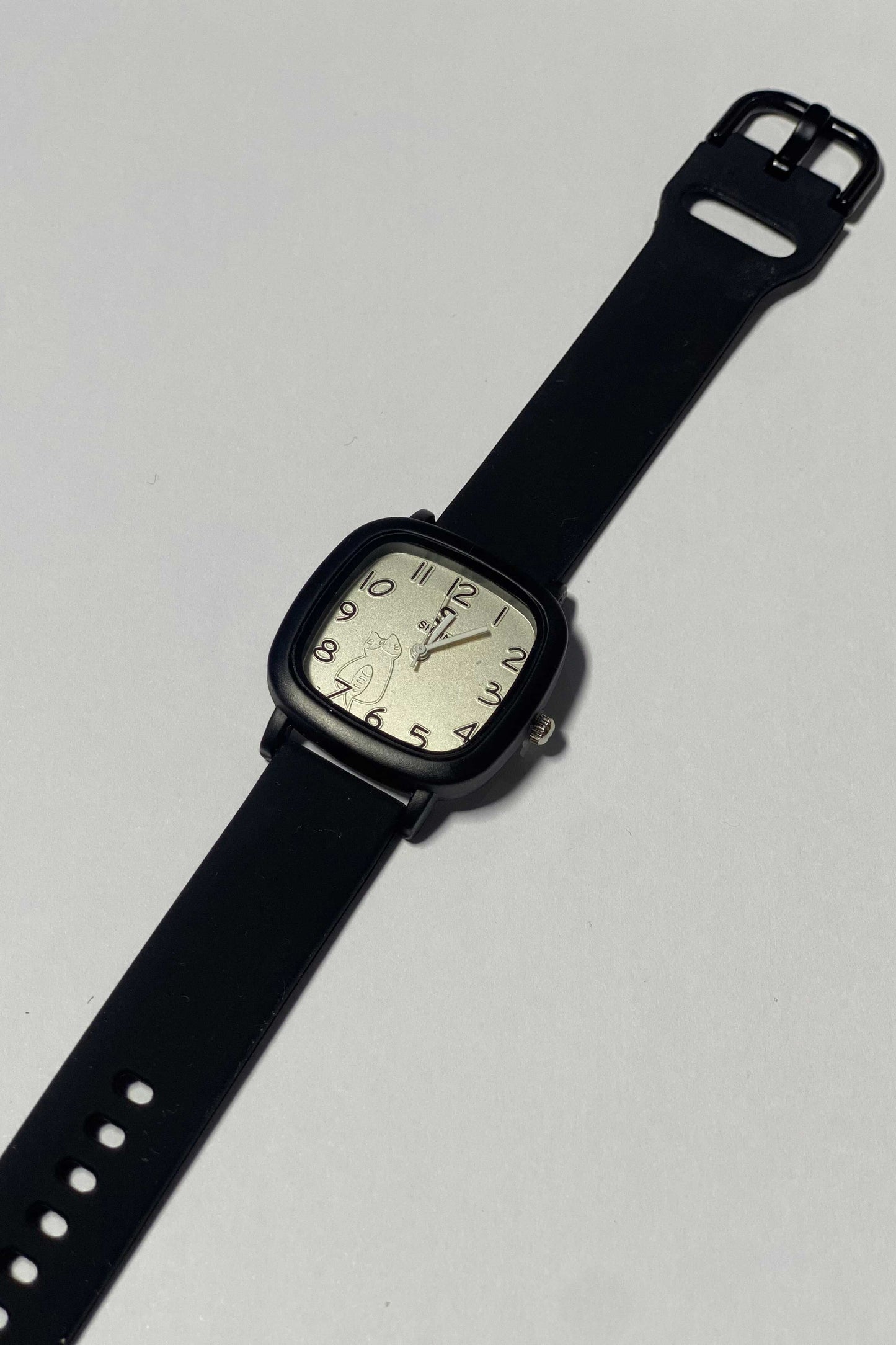 Minimalist Black Square Watch with Cartoon Graphic