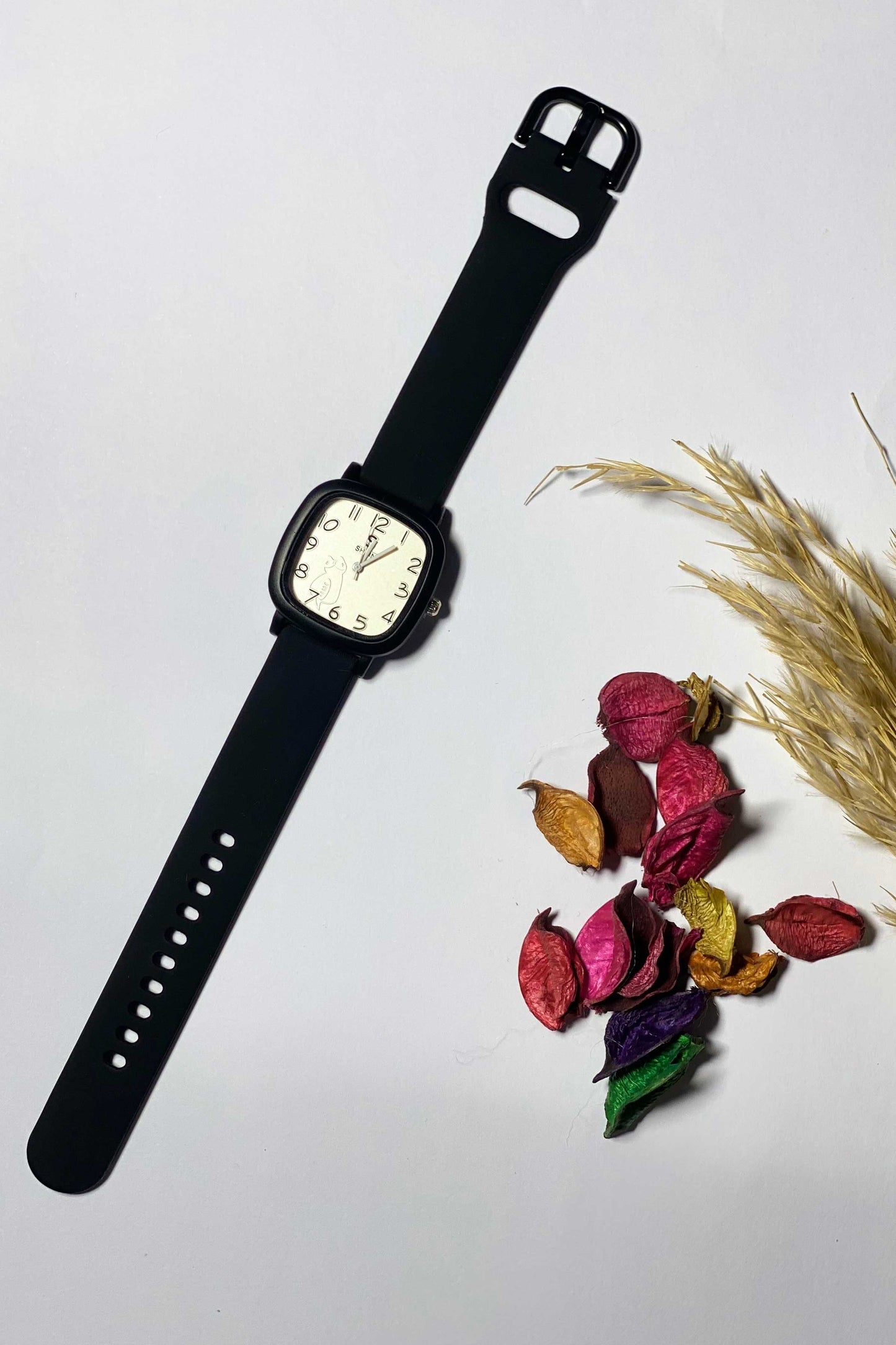 Minimalist Black Square Watch with Cartoon Graphic