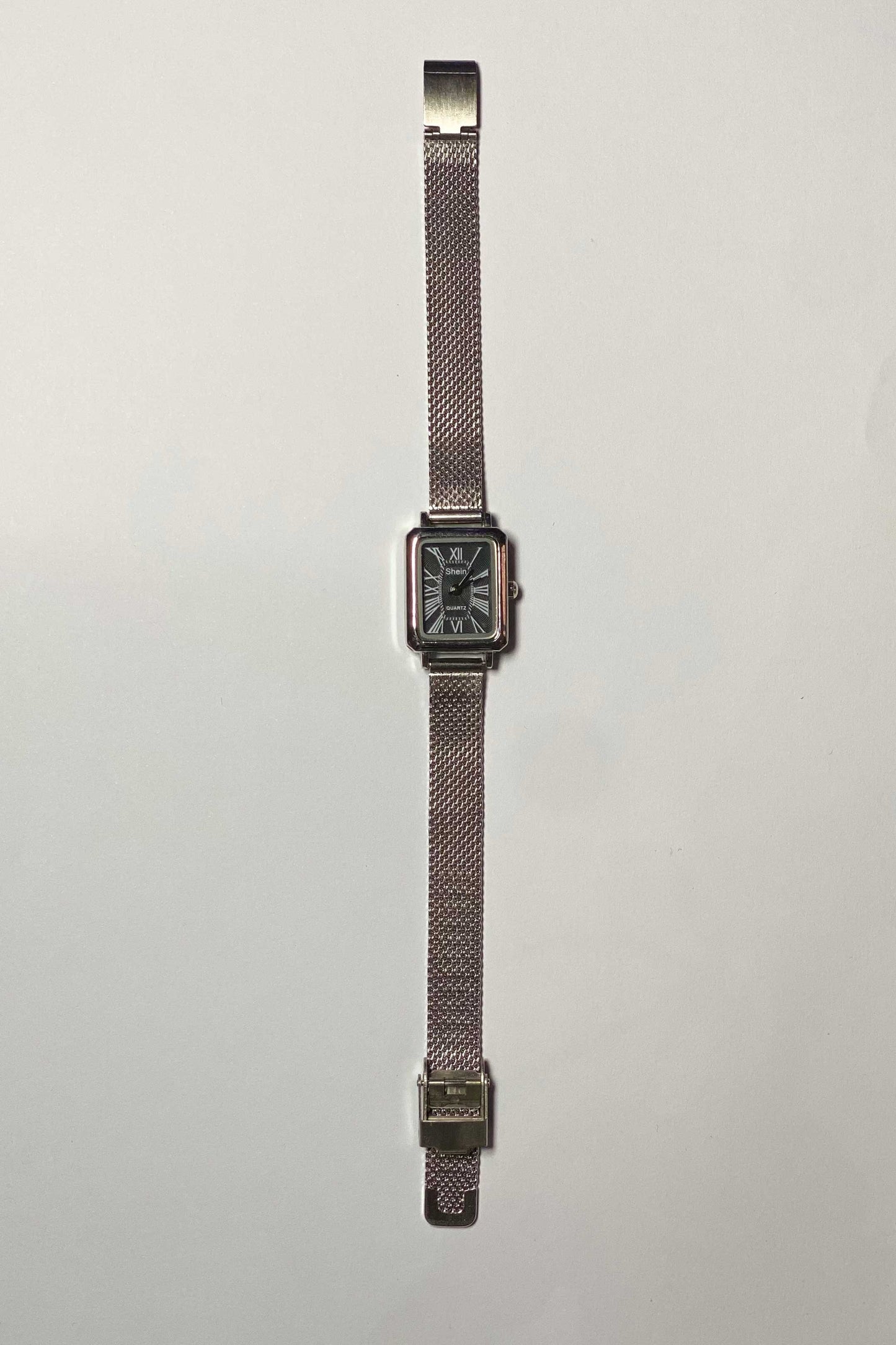 Sleek Silver-Tone Mesh Watch with Black Dial