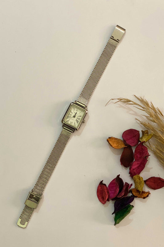 Classic Silver-Tone Rectangular Mesh Watch