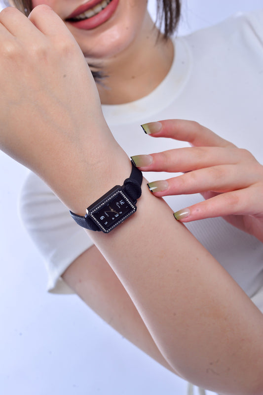 Elegant Black Rectangle Watch with Mesh Strap