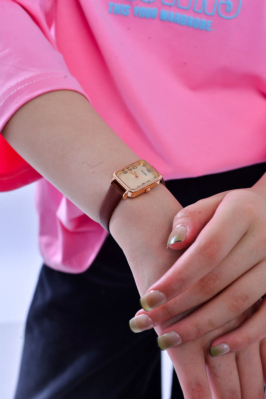 Chic Rose Gold Rectangle Watch with Two-Tone Mesh Strap