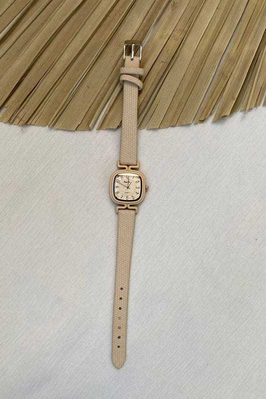 Minimalist Beige Square Watch with Textured Strap