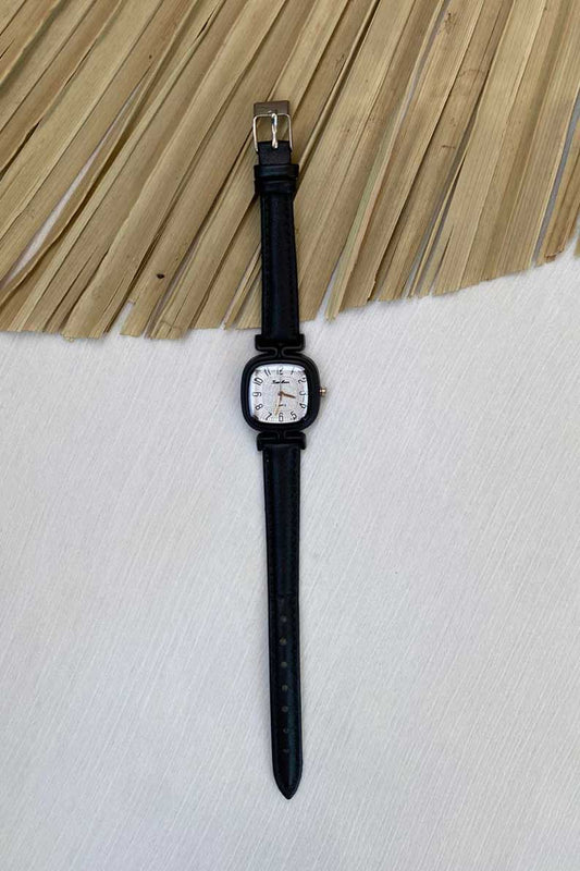 Chic Black Rounded Square Watch with Beige Dial