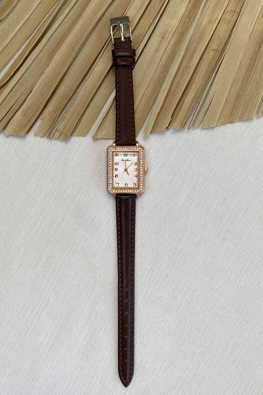 Sparkling Rose Gold Rectangle Watch with Brown Leather Strap