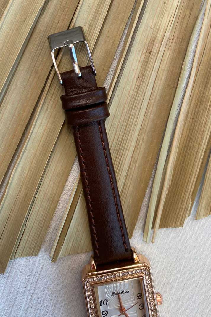Sparkling Rose Gold Rectangle Watch with Brown Leather Strap