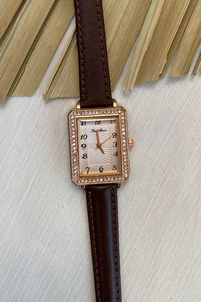 Sparkling Rose Gold Rectangle Watch with Brown Leather Strap