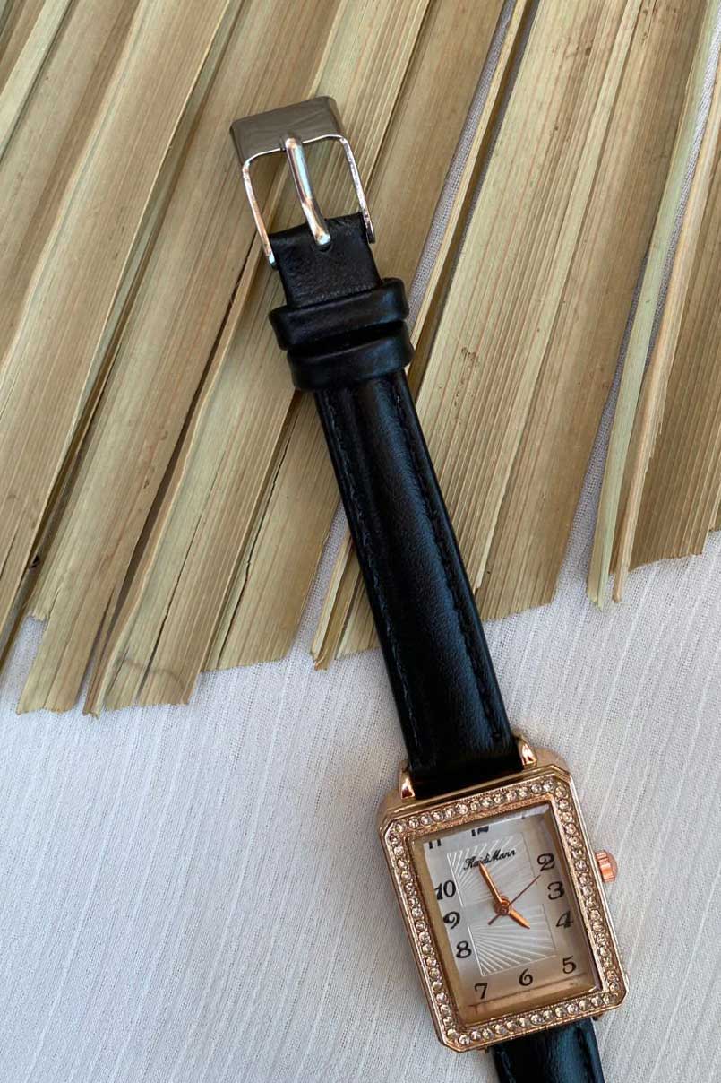Elegant Rose Gold Rectangle Watch with Crystal Bezel and Black Strap