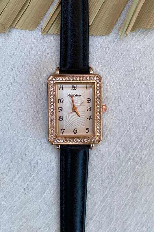 Elegant Rose Gold Rectangle Watch with Crystal Bezel and Black Strap