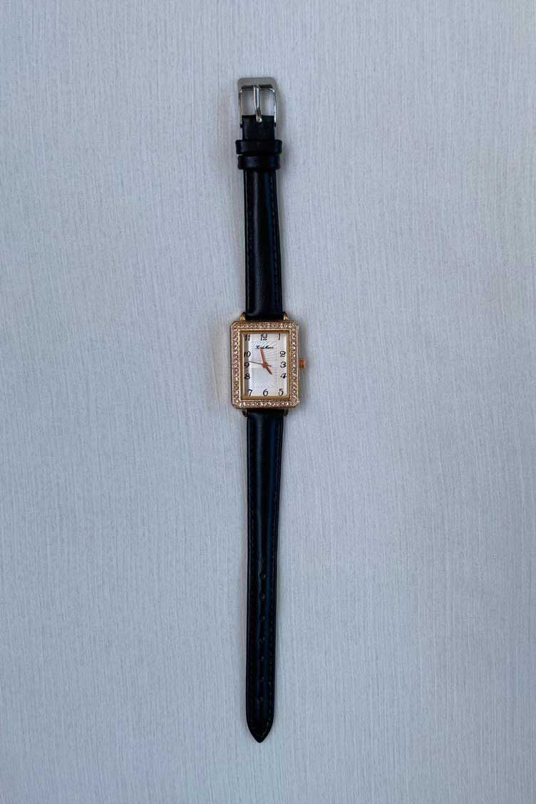 Elegant Rose Gold Rectangle Watch with Crystal Bezel and Black Strap