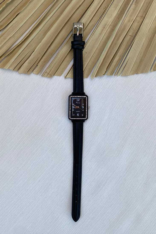 Chic Black Rectangle Watch with Crystal Embellishments