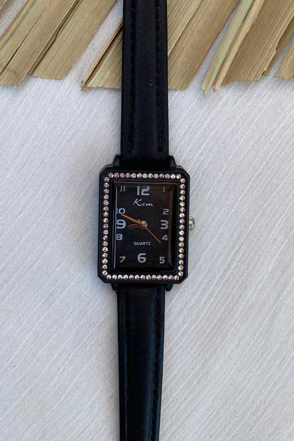 Chic Black Rectangle Watch with Crystal Embellishments