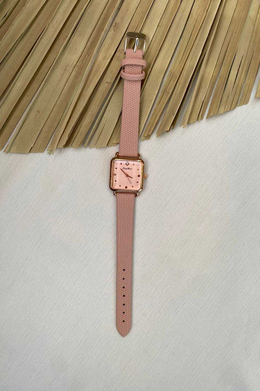 Modern Rose Gold Square Watch with Pink Textured Strap