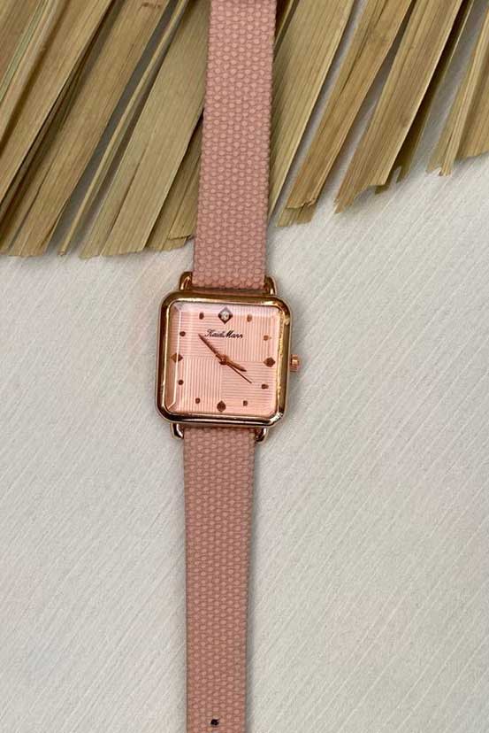 Modern Rose Gold Square Watch with Pink Textured Strap