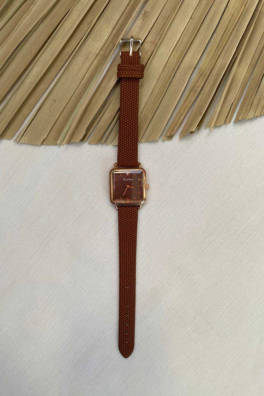 Stylish Rose Gold Square Watch with Brown Textured Strap