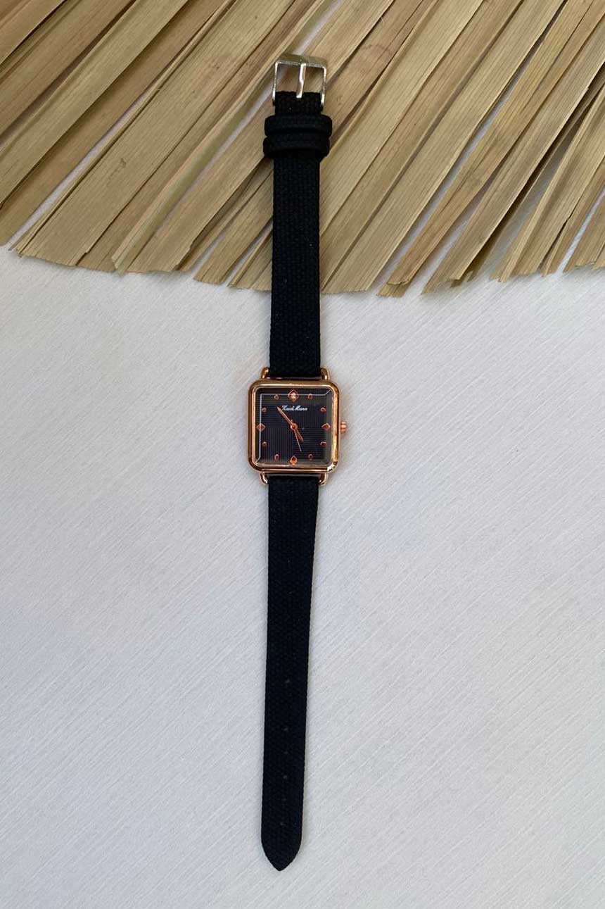 Chic Rose Gold Square Watch with Black Textured Strap