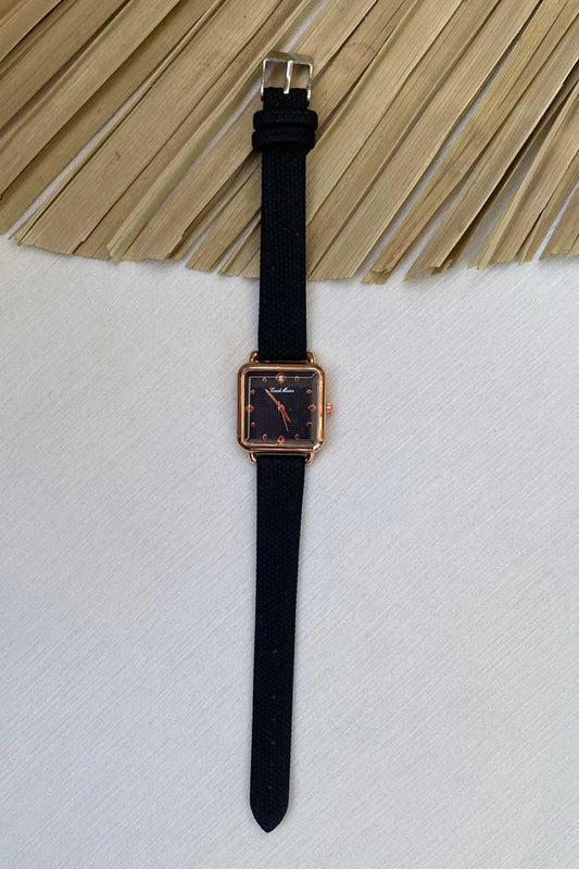 Chic Rose Gold Square Watch with Black Textured Strap