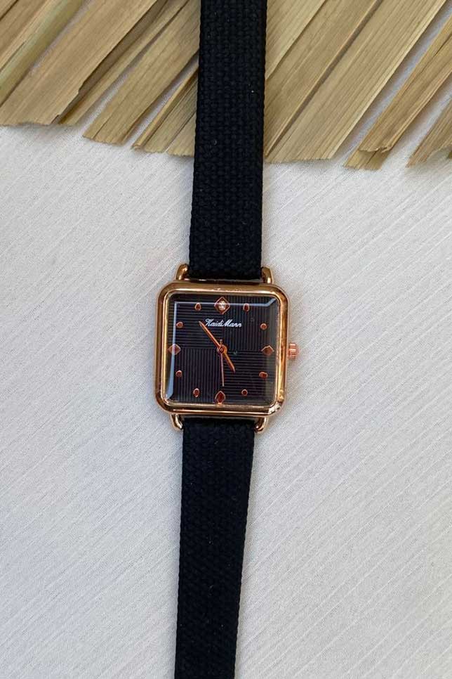 Chic Rose Gold Square Watch with Black Textured Strap