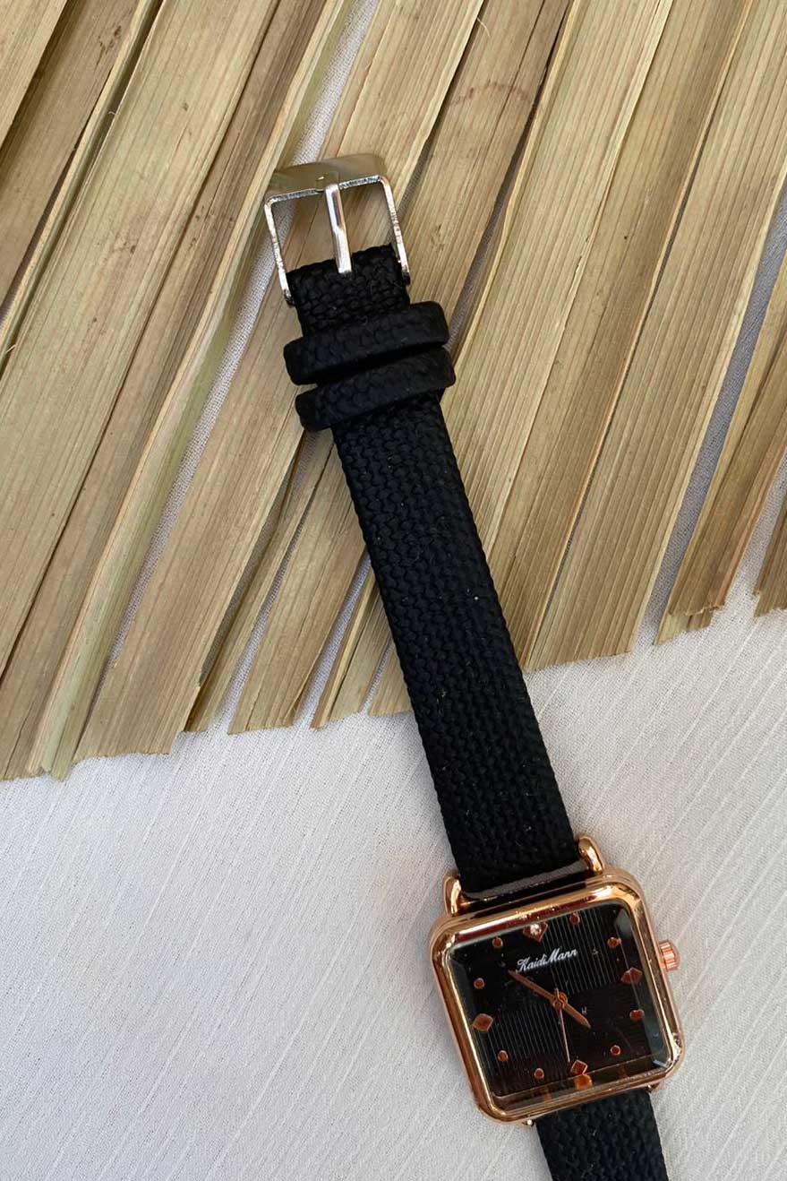 Chic Rose Gold Square Watch with Black Textured Strap
