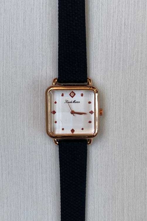 Elegant Rose Gold Square Watch with White Dial and Black Strap